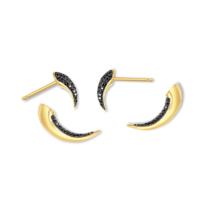14K Solid Gold Small Black Diamond Horn Earrings view 5