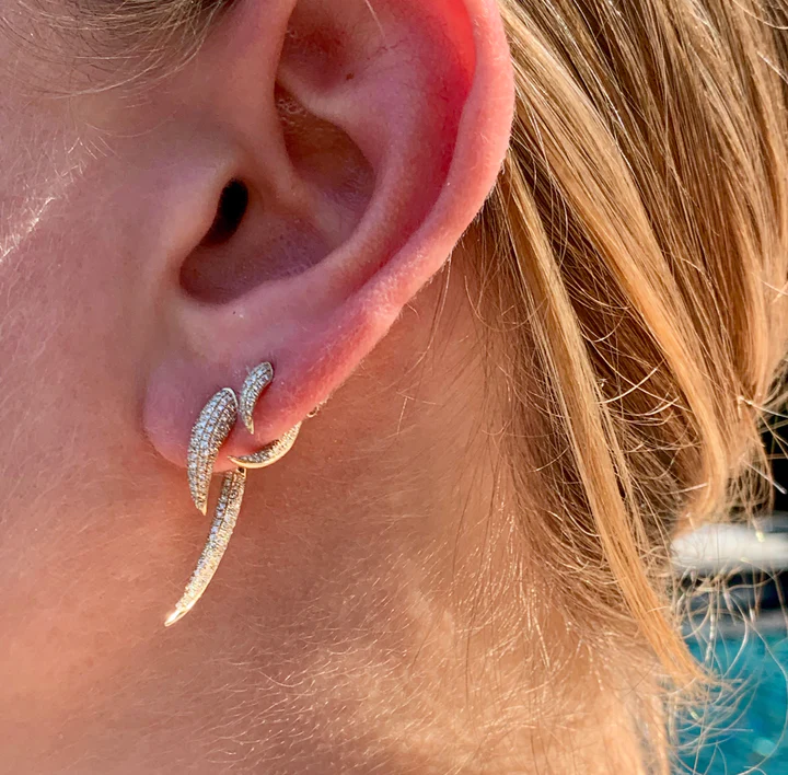 14K Solid Gold Small White Diamond Horn Earrings view 5