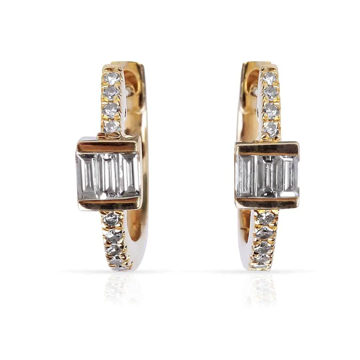 14K Solid Gold Cece Triple Baguette Pave Diamond Huggies