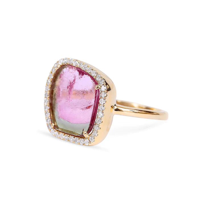 14K Solid Gold Sliced Watermelon Tourmaline Ring With Diamond Surround