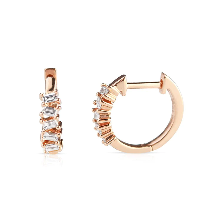 14K Solid Gold Chloe Baguette Diamond Picket Hoops view 3