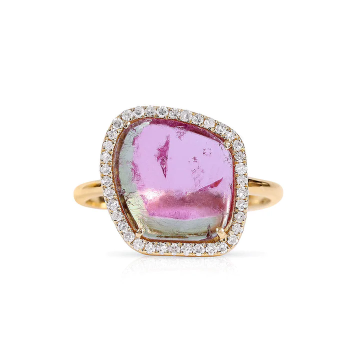 14K Solid Gold Sliced Watermelon Tourmaline Ring With Diamond Surround view 2