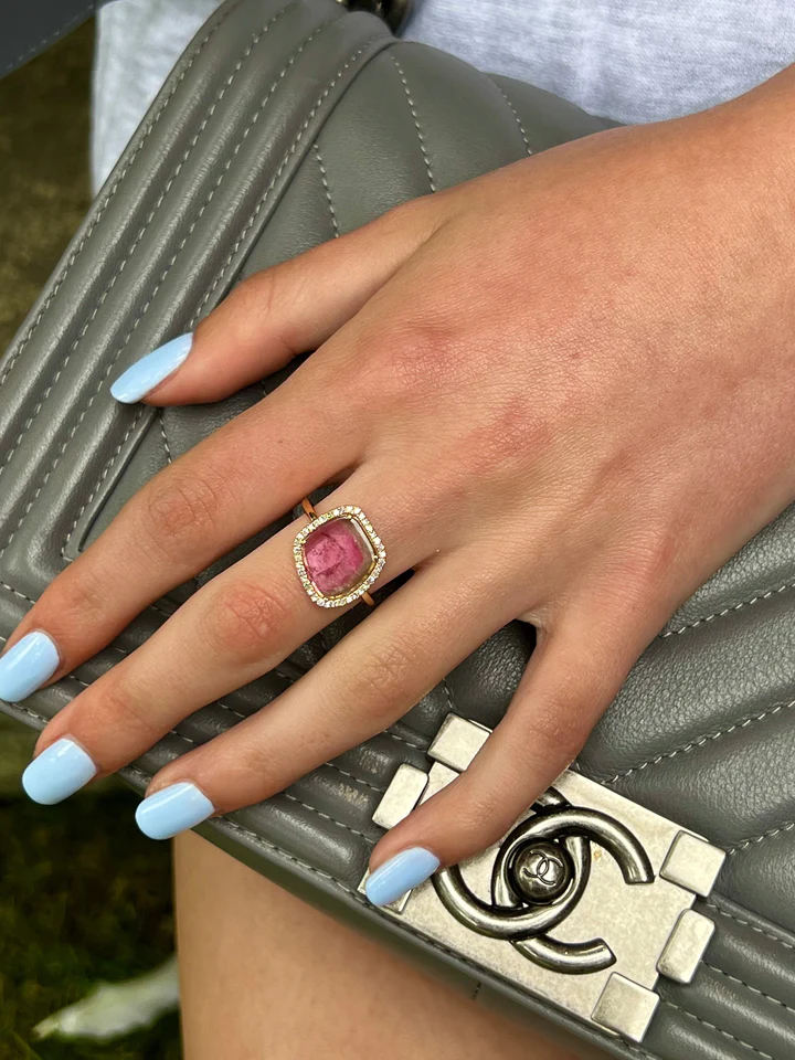 14K Solid Gold Sliced Watermelon Tourmaline Ring With Diamond Surround view 3