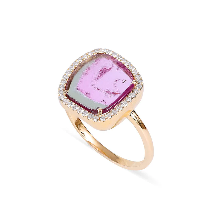 14K Solid Gold Sliced Watermelon Tourmaline Ring With Diamond Surround view 4