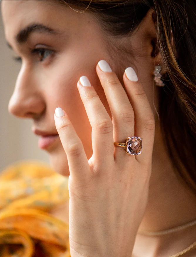 14K Solid Gold Square Amethyst Candy Cocktail Ring view 2