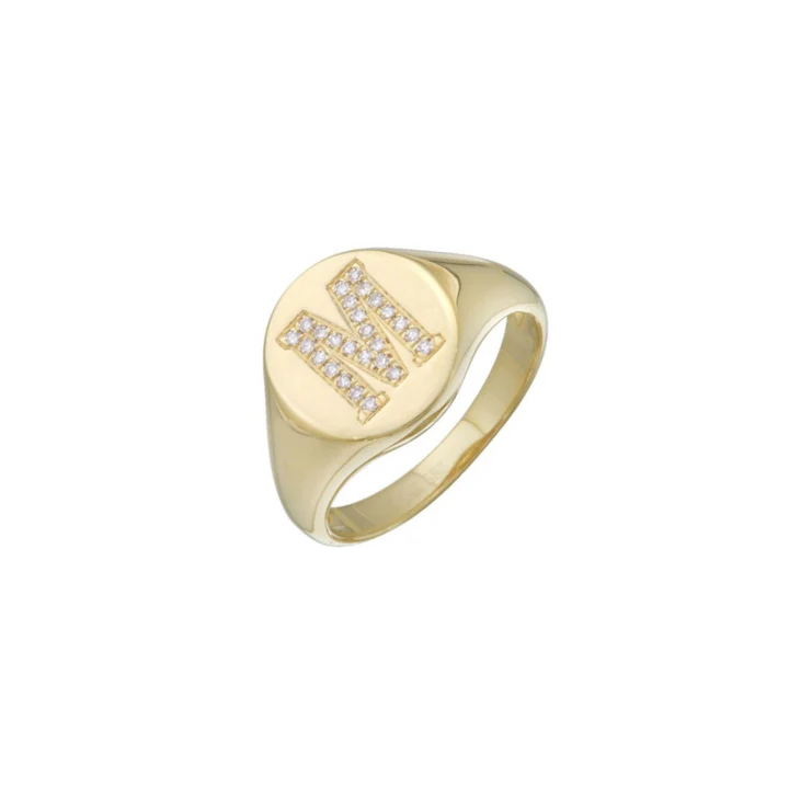 14K Solid Gold Round Diamond Letter Signet Ring