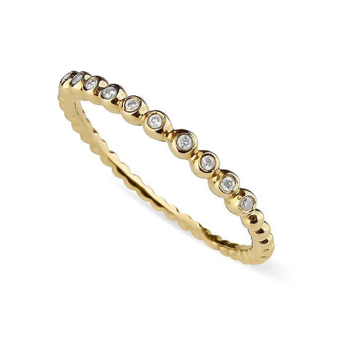 14K Solid Gold and Diamond Beaded Stacker Ring