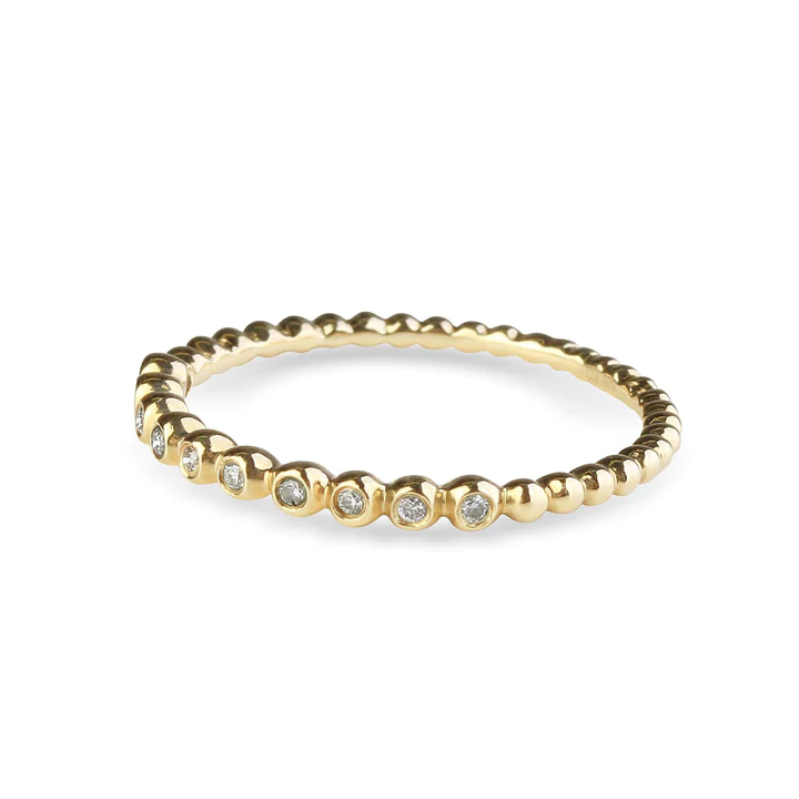 14K Solid Gold and Diamond Beaded Stacker Ring view 2