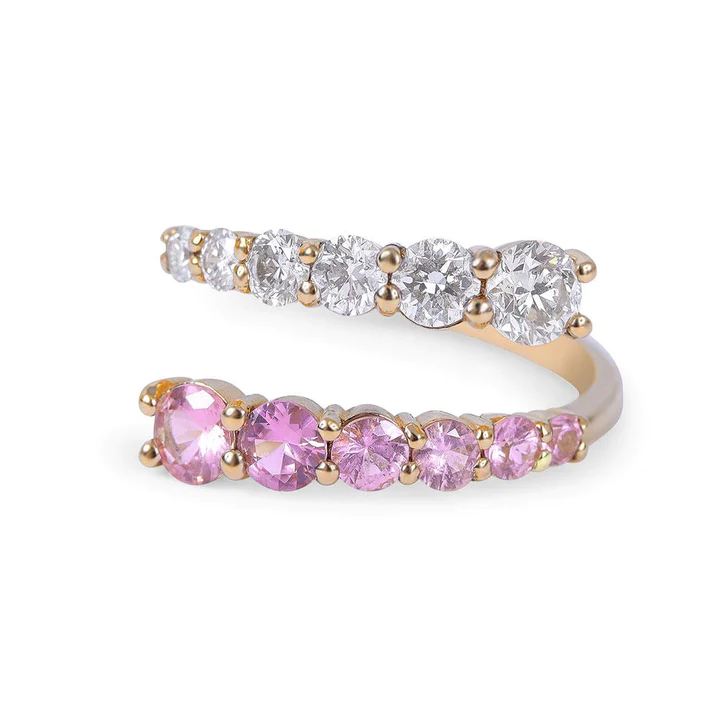 14K Solid Gold Graduated Moissanite Diamond And Pink Sapphire Open Wrap Ring