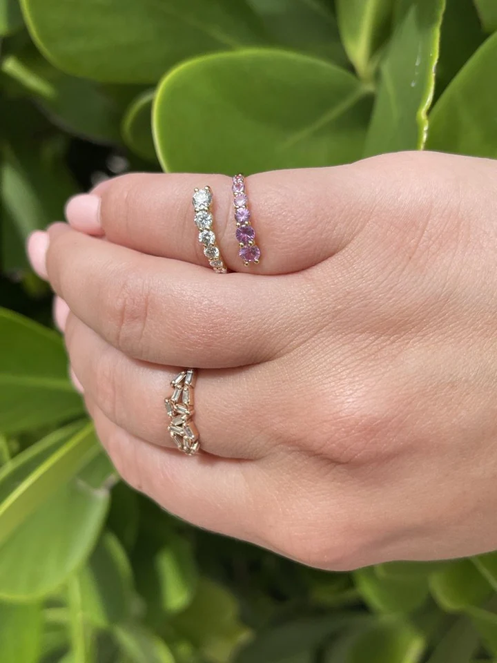 14K Solid Gold Graduated Moissanite Diamond And Pink Sapphire Open Wrap Ring view 2