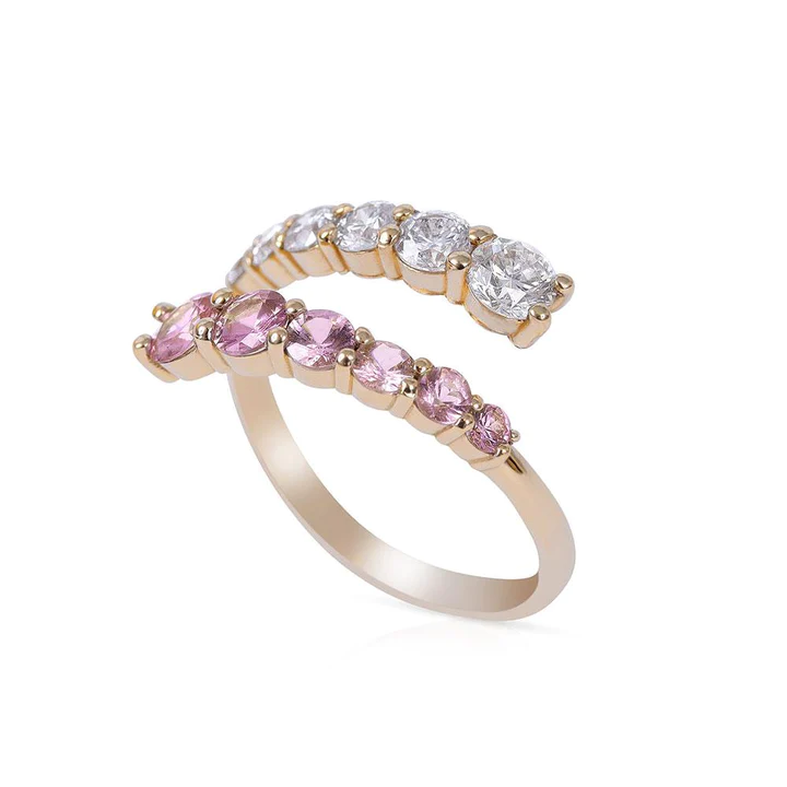 14K Solid Gold Graduated Moissanite Diamond And Pink Sapphire Open Wrap Ring view 3