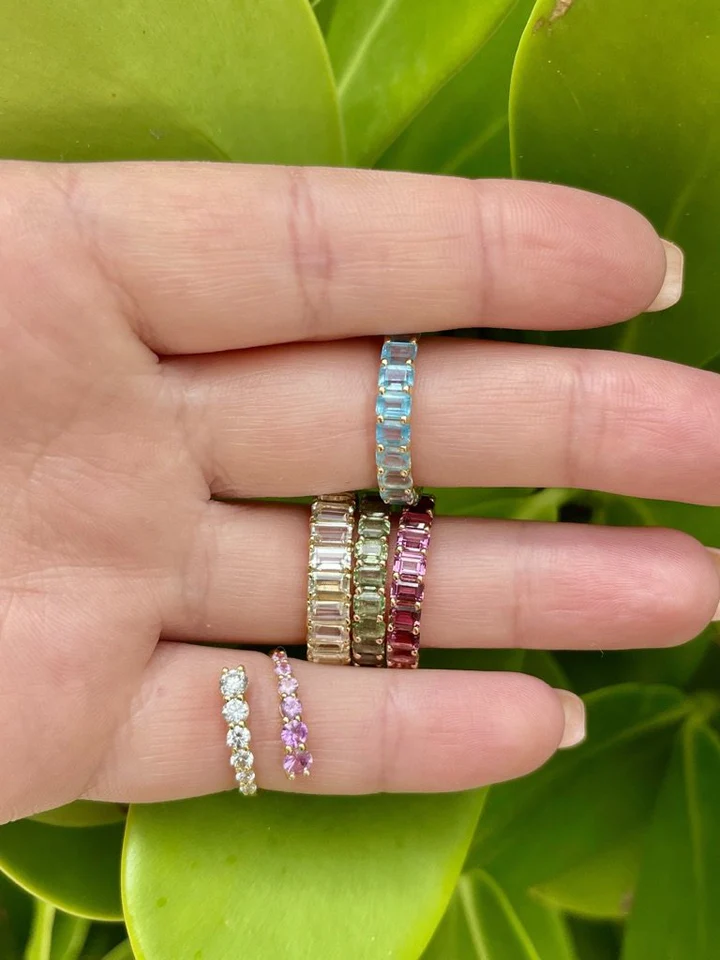14K Solid Gold Graduated Moissanite Diamond And Pink Sapphire Open Wrap Ring view 4