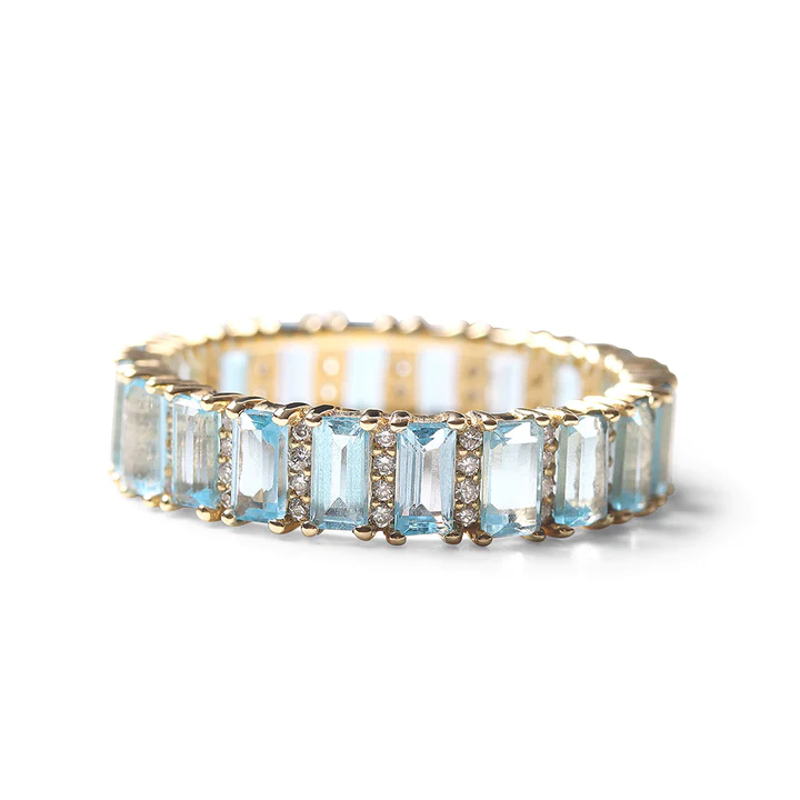 14K Solid Gold Blue Topaz And Diamond Baguette Cut Eternity Band