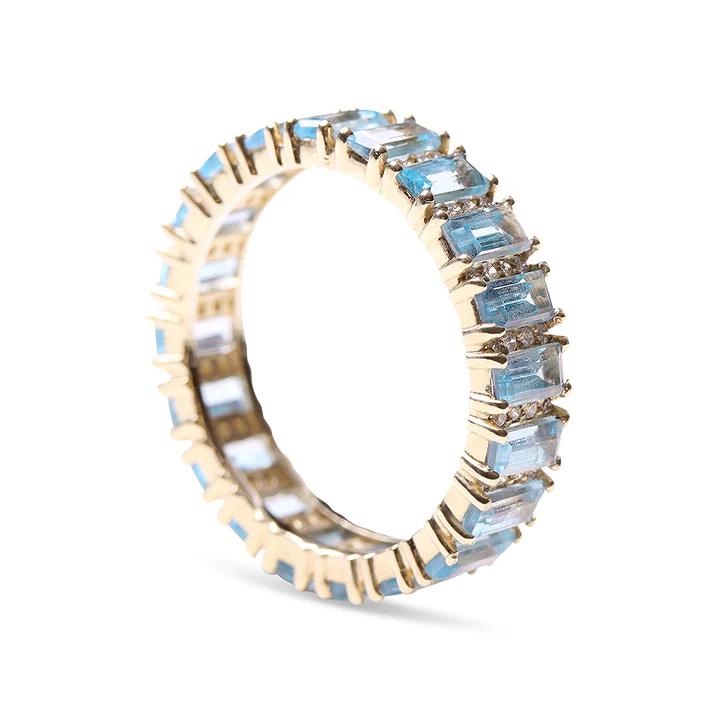 14K Solid Gold Blue Topaz And Diamond Baguette Cut Eternity Band view 2