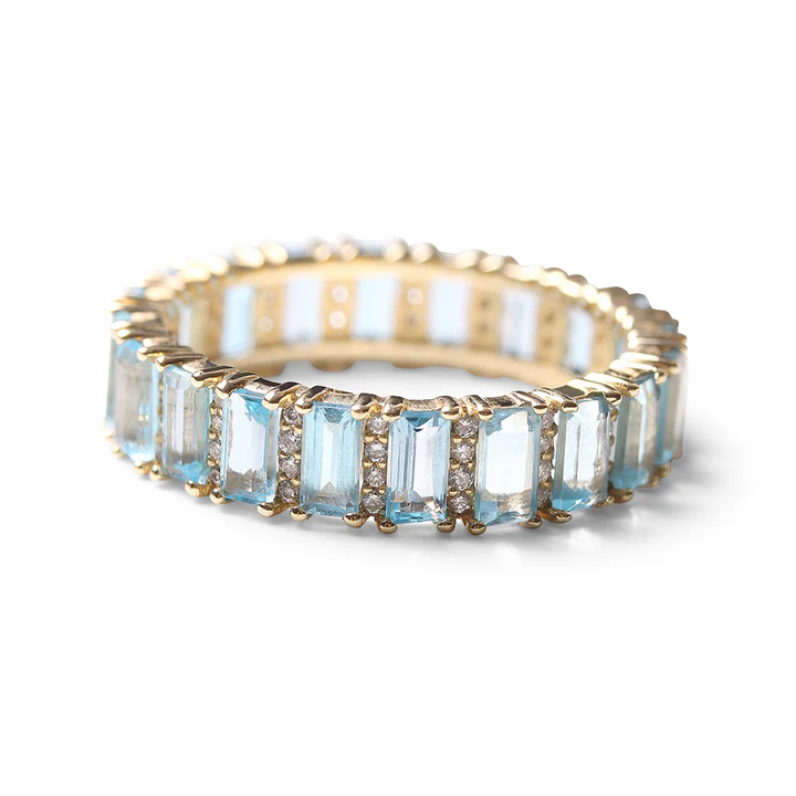 14K Solid Gold Blue Topaz And Diamond Baguette Cut Eternity Band view 3