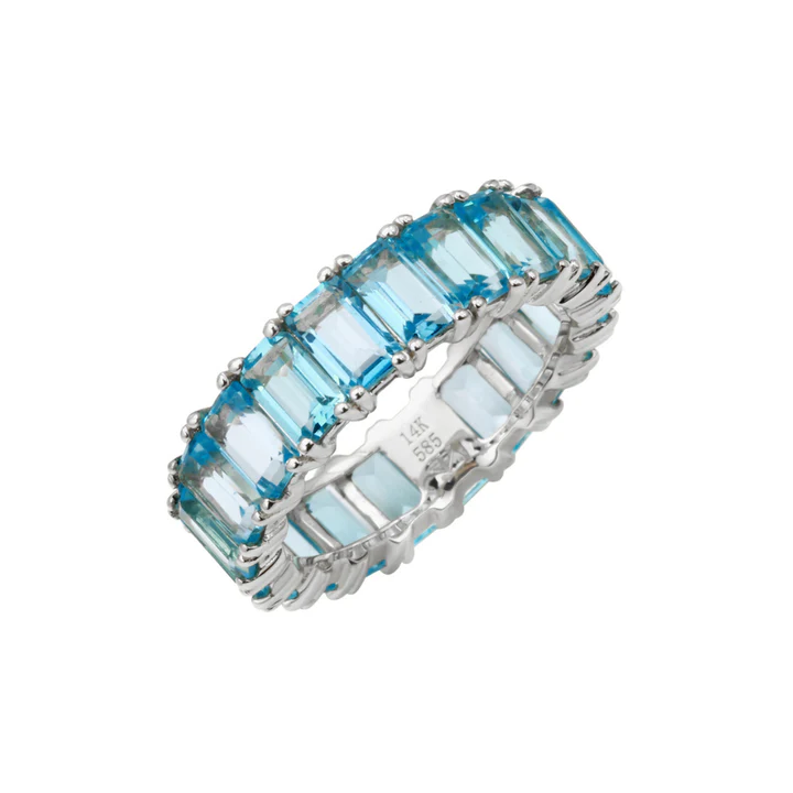 14K Solid Gold Blue Topaz Emerald Cut Eternity Band
