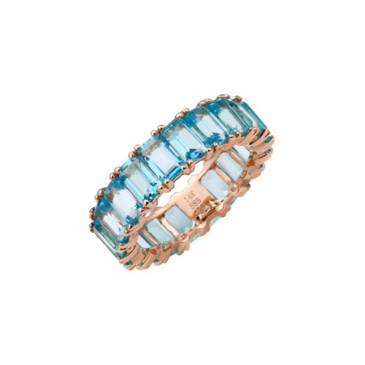 14K Solid Gold Blue Topaz Emerald Cut Eternity Band view 3