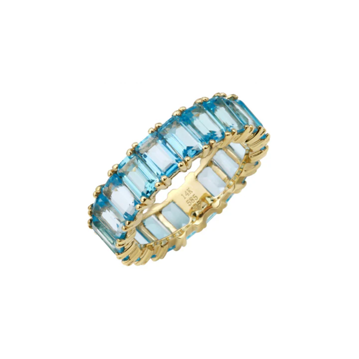 14K Solid Gold Blue Topaz Emerald Cut Eternity Band view 4