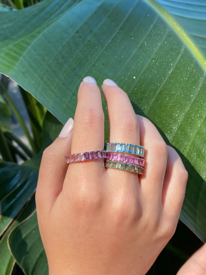 14K Solid Gold Green Sapphire Emerald Cut Eternity Band view 4