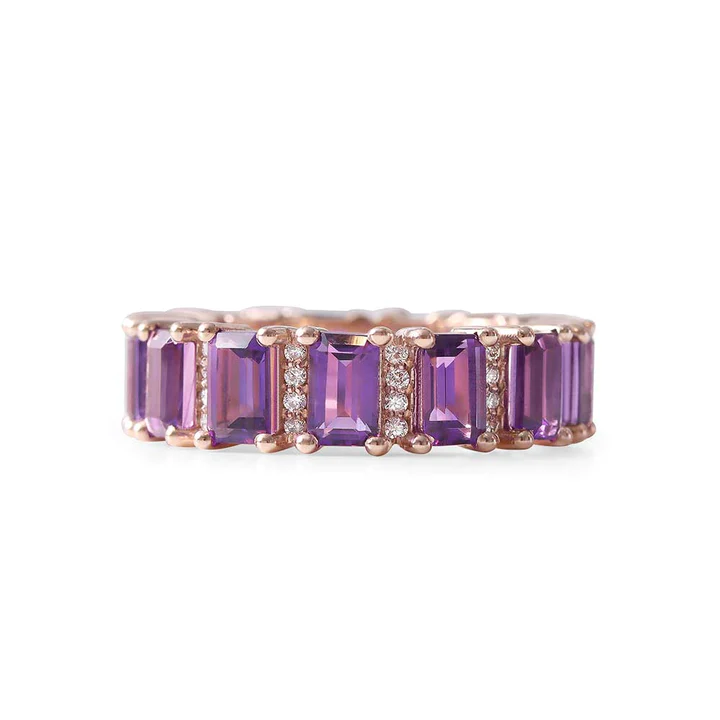 14K Gold Amethyst And Diamond Emerald Cut Eternity Band