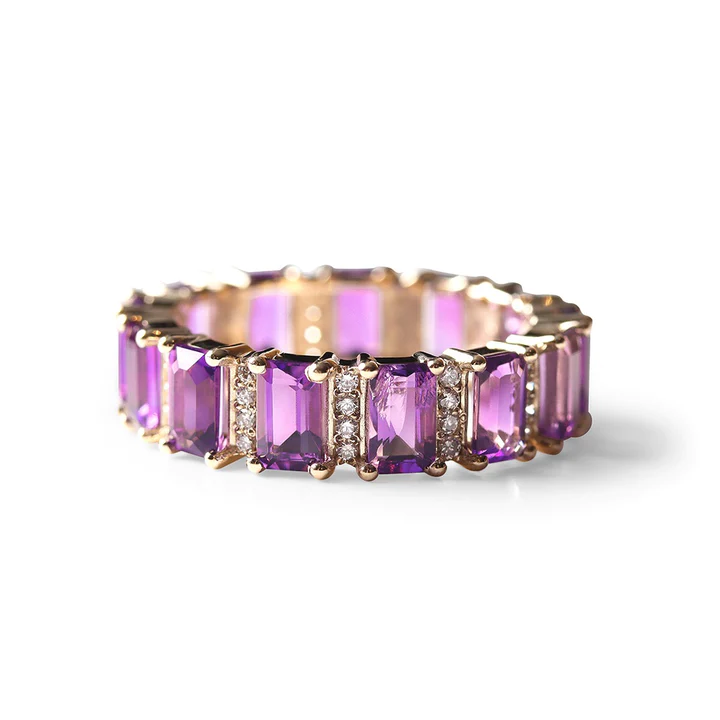 14K Gold Amethyst And Diamond Emerald Cut Eternity Band view 2