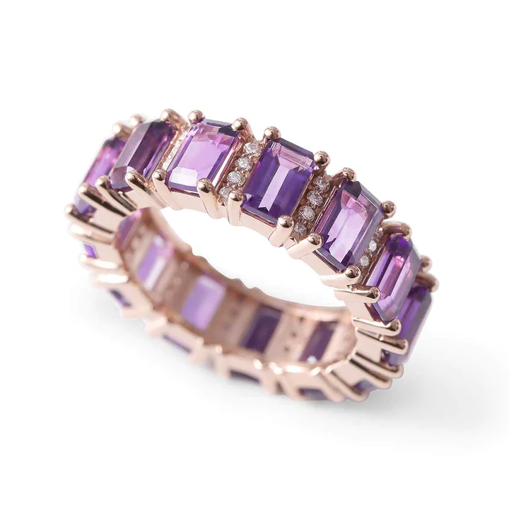 14K Gold Amethyst And Diamond Emerald Cut Eternity Band view 3