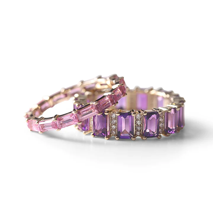 14K Gold Amethyst And Diamond Emerald Cut Eternity Band view 4