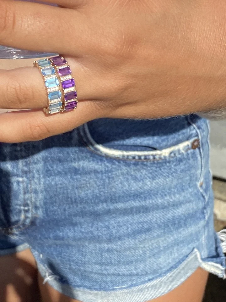 14K Gold Amethyst And Diamond Emerald Cut Eternity Band view 5