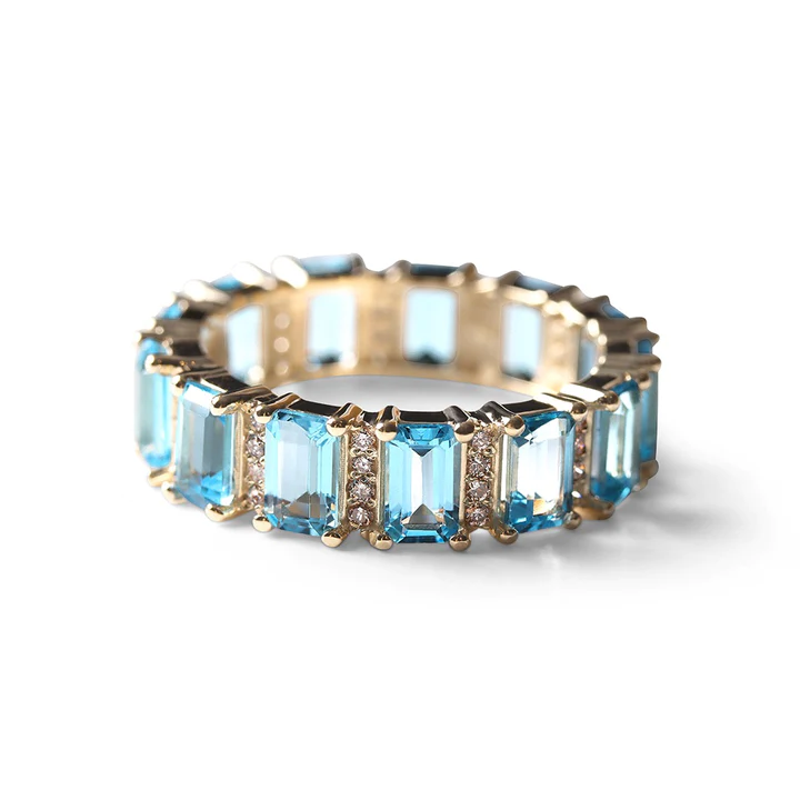 14K Solid Aquamarine And Diamond Emerald Cut Eternity Band