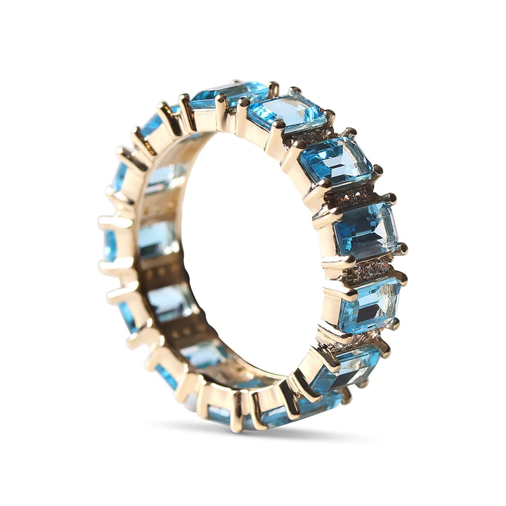 14K Solid Aquamarine And Diamond Emerald Cut Eternity Band view 2