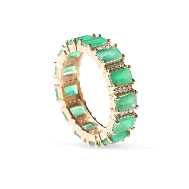 14K Solid Gold Emerald And Diamond Emerald Cut Eternity Band