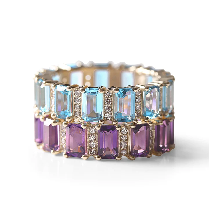 14K Solid Aquamarine And Diamond Emerald Cut Eternity Band view 3