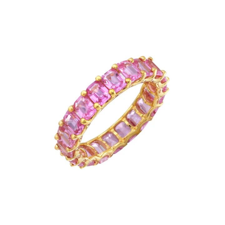 14K Solid Gold Pink Sapphire Emerald Cut Eternity Band