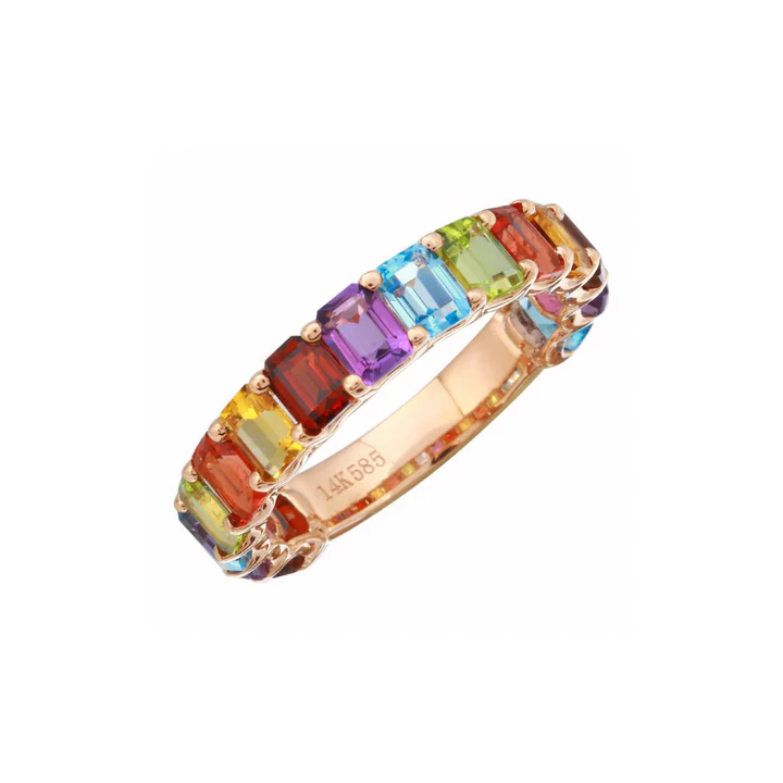 14K Solid Gold Rainbow Emerald Cut 3/4 Band view 2