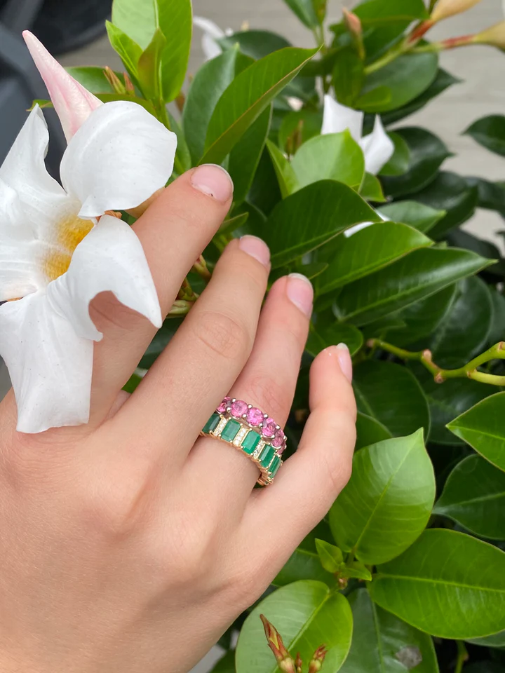 14K Solid Gold Emerald And Diamond Emerald Cut Eternity Band view 2