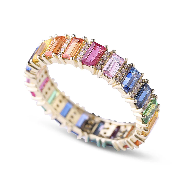 14K Solid Gold Rainbow Sapphire Emerald Cut With Diamond Eternity Band