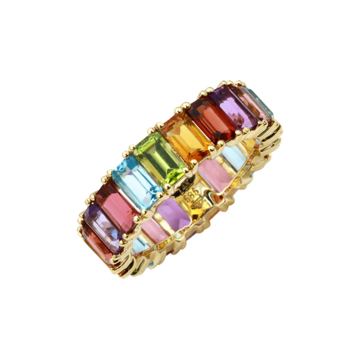 14K Solid Gold Rainbow Emerald Cut Eternity Band