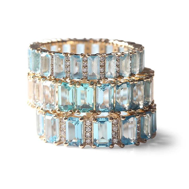 14K Solid Aquamarine And Diamond Emerald Cut Eternity Band view 4