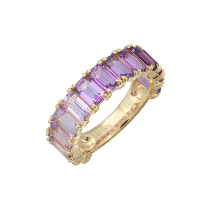 14K Solid Gold Purple Ombre Emerald Cut Amethyst 3/4 Band