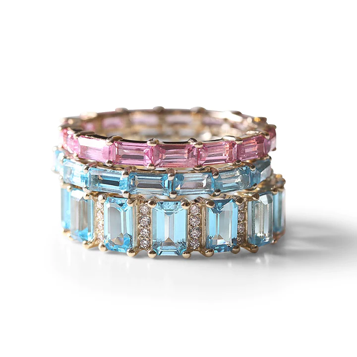 14K Solid Aquamarine And Diamond Emerald Cut Eternity Band view 5