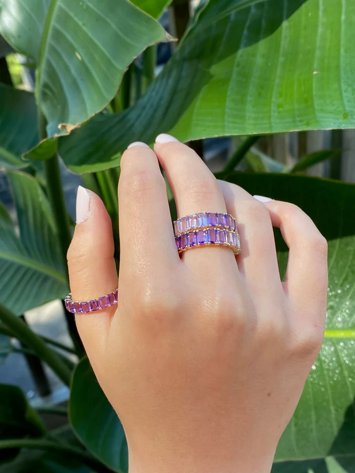 14K Solid Gold Purple Ombre Emerald Cut Amethyst 3/4 Band view 2