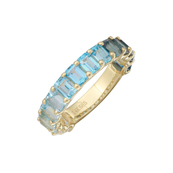 14K Solid Gold Blue Topaz Ombre Emerald Cut 3/4 Band