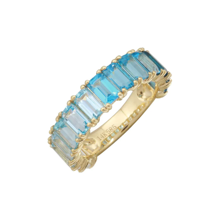 14K Solid Gold Blue Topaz Ombre Emerald Cut 3/4 Band view 2