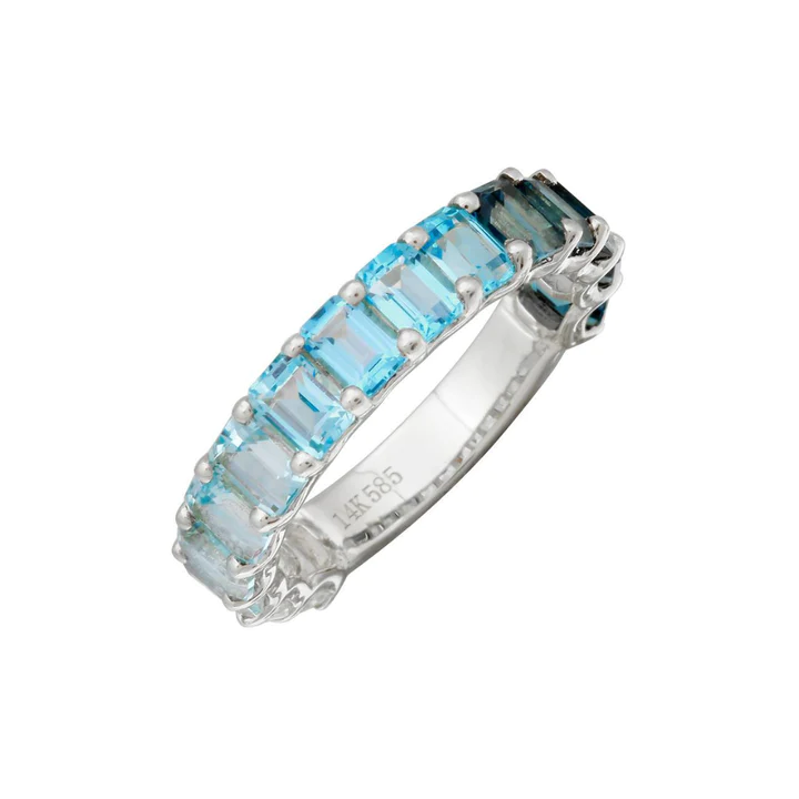 14K Solid Gold Blue Topaz Ombre Emerald Cut 3/4 Band view 3