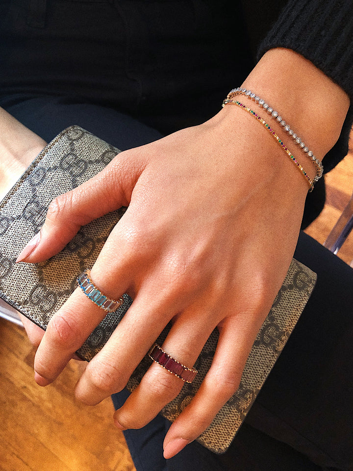 14K Solid Gold Blue Topaz Ombre Emerald Cut Eternity Band view 2