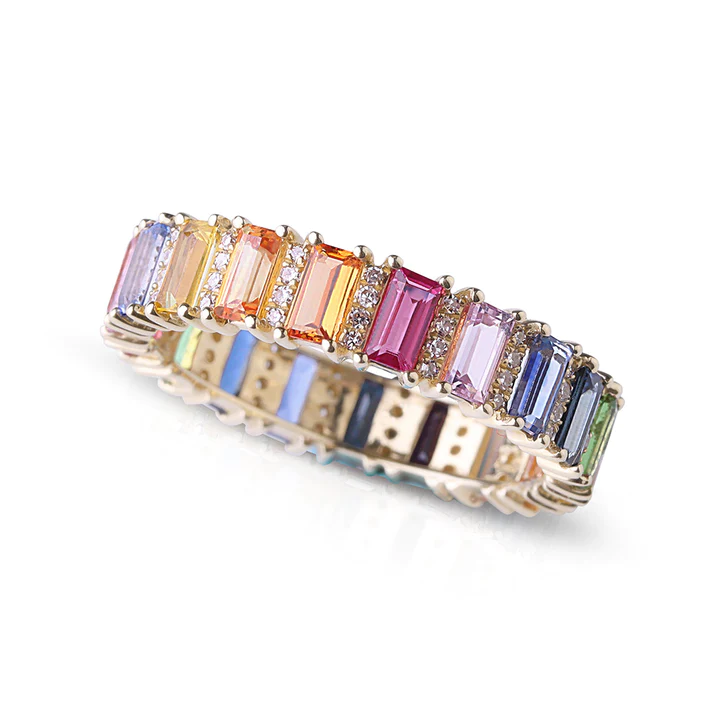 14K Solid Gold Rainbow Sapphire Emerald Cut With Diamond Eternity Band view 4