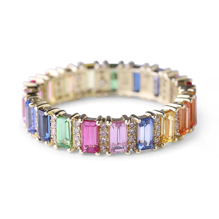 14K Solid Gold Rainbow Sapphire Emerald Cut With Diamond Eternity Band view 5