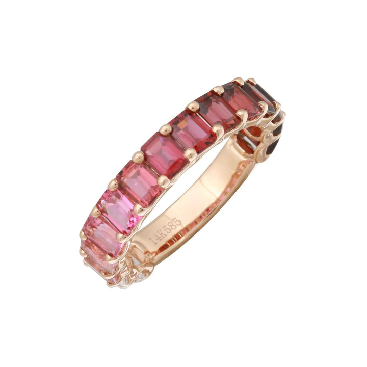 14K Solid Gold Pink Ombre Emerald Cut Topaz 3/4 Band