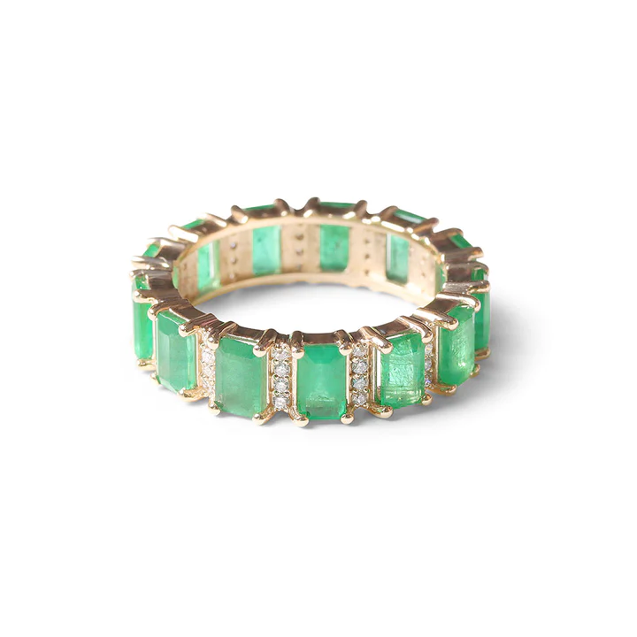 14K Solid Gold Emerald And Diamond Emerald Cut Eternity Band view 3