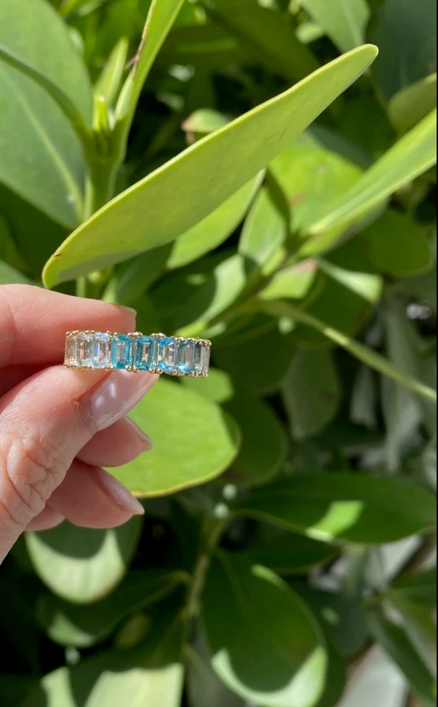 14K Solid Gold Blue Topaz Ombre Emerald Cut Eternity Band view 3